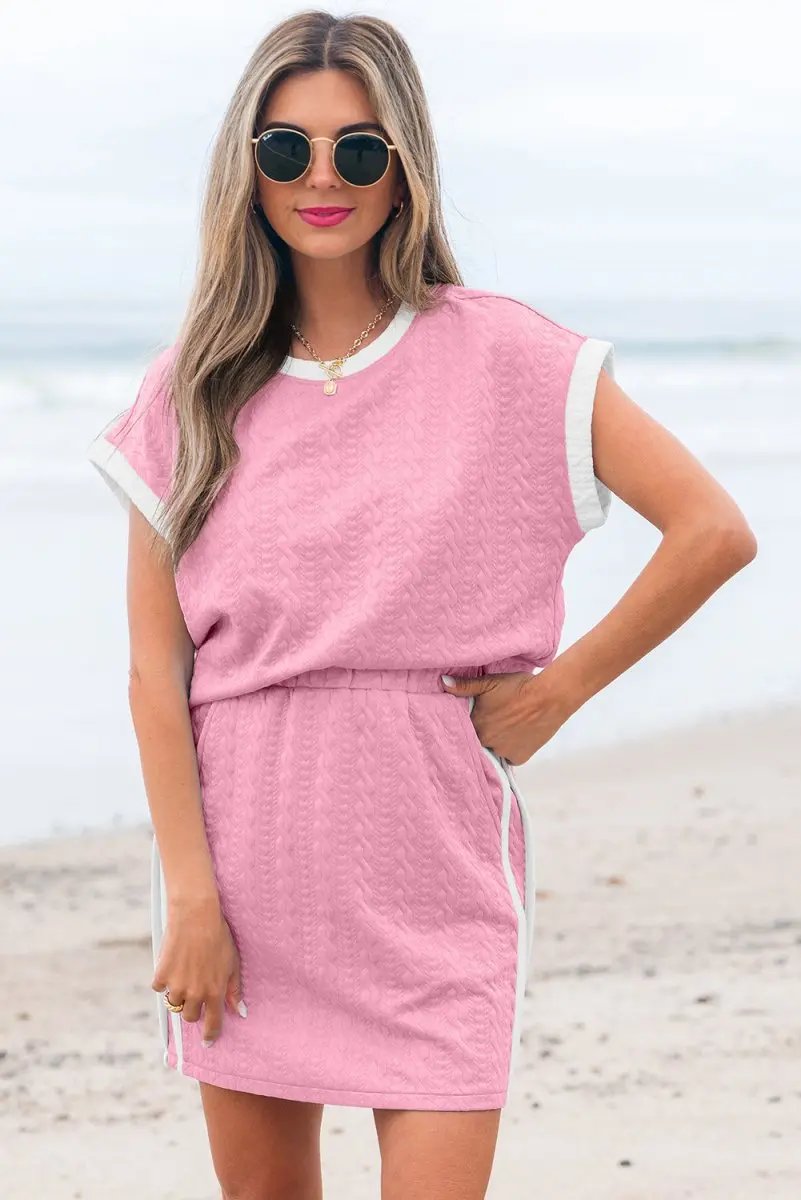 Pink Contrast Trim Textured Crewneck Tee And Pocketed Skirt Set - Love Salve